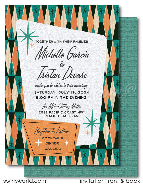 Retro Atomic MCM Mid-Century Mod Wedding Invite & RSVP Card Digital Download