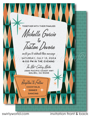 This fabulous orange and teal blue retro 1950s mid-century modern wedding invitation and RSVP card design features a swanky Palm Springs MCM aesthetic with atomic-inspired starbursts. Don't forget to order the midmod matching envelopes!