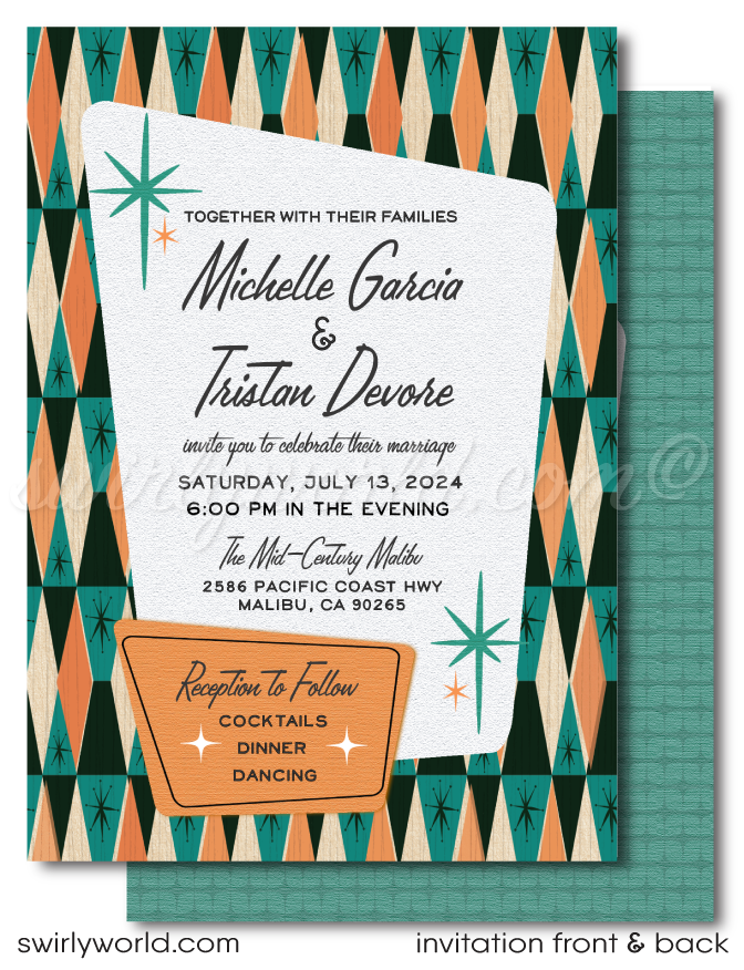 This fabulous orange and teal blue retro 1950s mid-century modern wedding invitation and RSVP card design features a swanky Palm Springs MCM aesthetic with atomic-inspired starbursts. Don't forget to order the midmod matching envelopes!