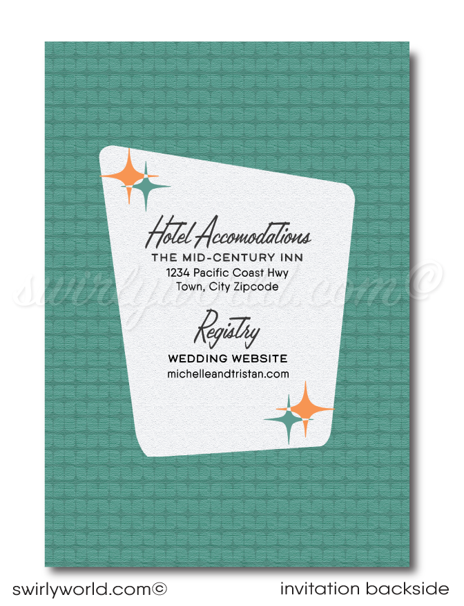 This fabulous orange and teal blue retro 1950s mid-century modern wedding invitation and RSVP card design features a swanky Palm Springs MCM aesthetic with atomic-inspired starbursts. Don't forget to order the midmod matching envelopes!