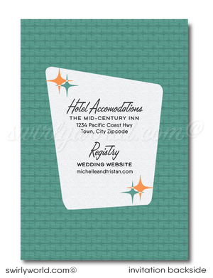 This fabulous orange and teal blue retro 1950s mid-century modern wedding invitation and RSVP card design features a swanky Palm Springs MCM aesthetic with atomic-inspired starbursts. Don't forget to order the midmod matching envelopes!