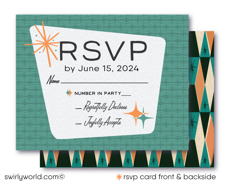 This fabulous orange and teal blue retro 1950s mid-century modern wedding invitation and RSVP card design features a swanky Palm Springs MCM aesthetic with atomic-inspired starbursts. Don't forget to order the midmod matching envelopes!
