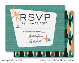 This fabulous orange and teal blue retro 1950s mid-century modern wedding invitation and RSVP card design features a swanky Palm Springs MCM aesthetic with atomic-inspired starbursts. Don't forget to order the midmod matching envelopes!