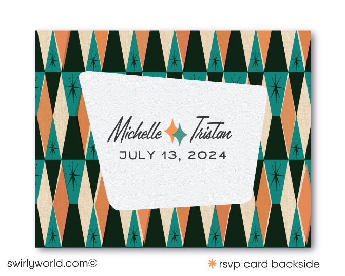 This fabulous orange and teal blue retro 1950s mid-century modern wedding invitation and RSVP card design features a swanky Palm Springs MCM aesthetic with atomic-inspired starbursts. Don't forget to order the midmod matching envelopes!