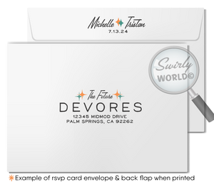 This fabulous orange and teal blue retro 1950s mid-century modern wedding invitation and RSVP card design features a swanky Palm Springs MCM aesthetic with atomic-inspired starbursts. Don't forget to order the midmod matching envelopes!