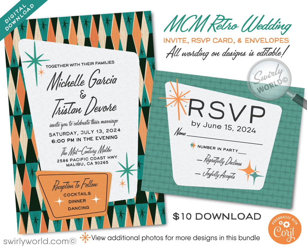 Step back in time with our exclusive and original 1950s-1960s Mad Men-style atomic wedding invitation set. This digital download encapsulates the quintessential mid-century modern aesthetic, featuring a classic diamond-shaped pattern complemented by atomic-influenced starbursts and retro-inspired typography.