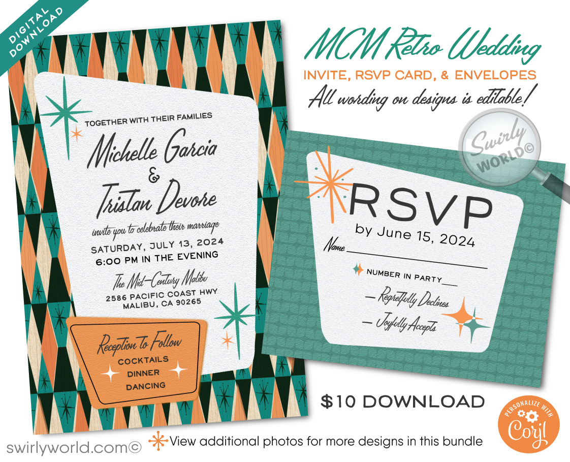 Step back in time with our exclusive and original 1950s-1960s Mad Men-style atomic wedding invitation set. This digital download encapsulates the quintessential mid-century modern aesthetic, featuring a classic diamond-shaped pattern complemented by atomic-influenced starbursts and retro-inspired typography.