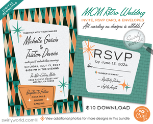Step back in time with our exclusive and original 1950s-1960s Mad Men-style atomic wedding invitation set. This digital download encapsulates the quintessential mid-century modern aesthetic, featuring a classic diamond-shaped pattern complemented by atomic-influenced starbursts and retro-inspired typography.