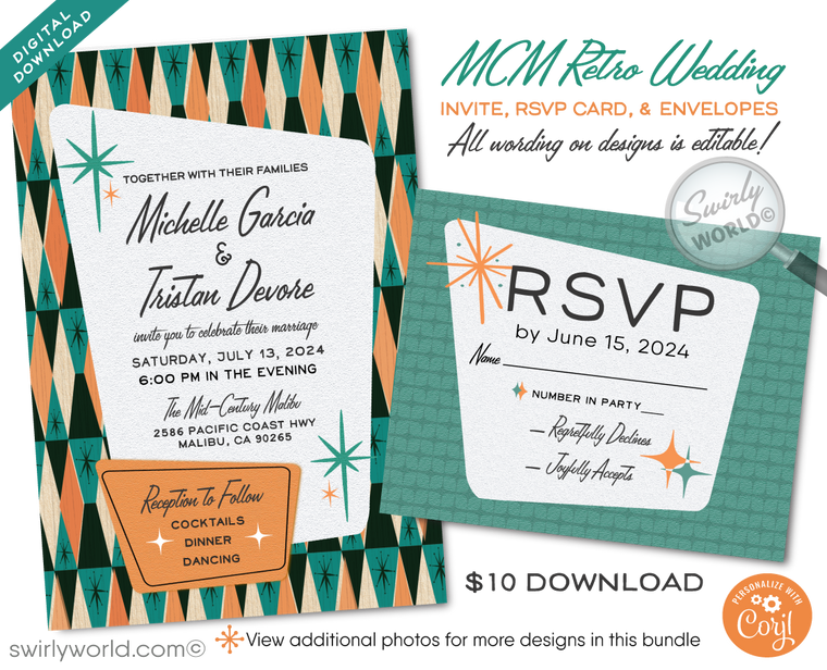 Retro Atomic MCM Mid-Century Mod Wedding Invite & RSVP Card Digital Download