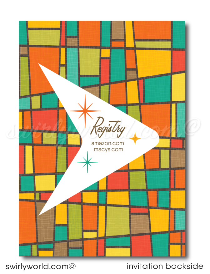 This elegant & swanky 1960s mid-century modern wedding invitation and RSVP card digital download features a chic MCM retro mod Palm Springs aesthetic with atomic-inspired colors and starbursts.