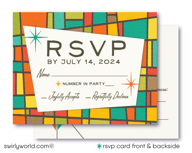 This elegant & swanky 1960s mid-century modern wedding invitation and RSVP card digital download features a chic MCM retro mod Palm Springs aesthetic with atomic-inspired colors and starbursts.