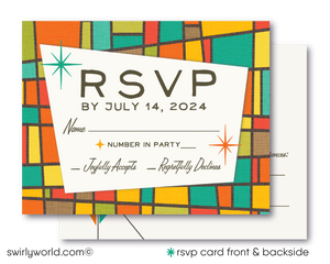 This elegant & swanky 1960s mid-century modern wedding invitation and RSVP card features a chic MCM retro mod Palm Springs Mad Men aesthetic with atomic-inspired colors & starbursts.