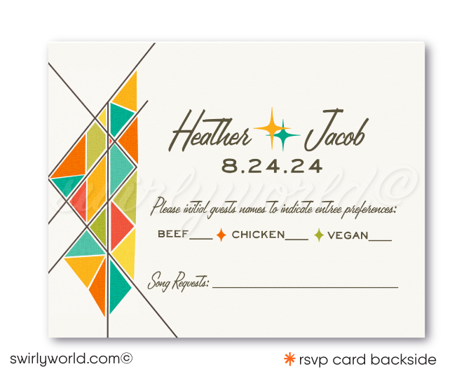 This elegant & swanky 1960s mid-century modern wedding invitation and RSVP card digital download features a chic MCM retro mod Palm Springs aesthetic with atomic-inspired colors and starbursts.