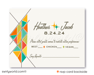 This elegant & swanky 1960s mid-century modern wedding invitation and RSVP card features a chic MCM retro mod Palm Springs Mad Men aesthetic with atomic-inspired colors & starbursts.