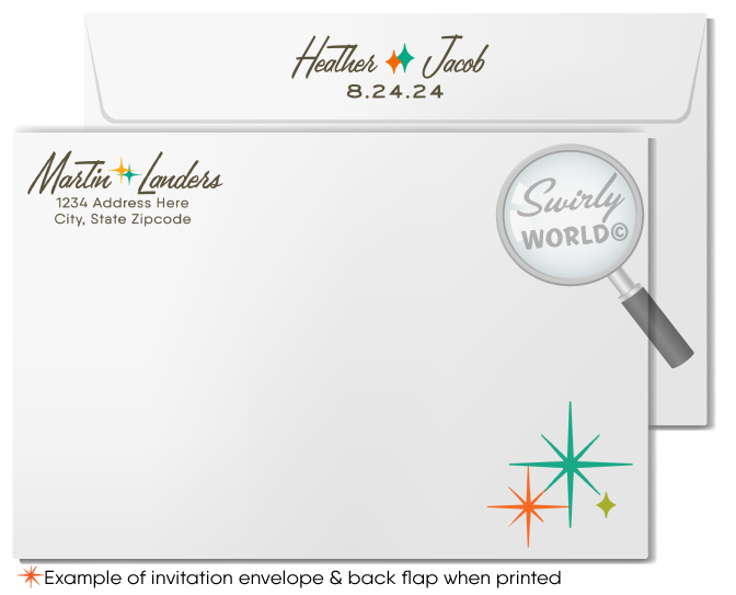 This elegant & swanky 1960s mid-century modern wedding invitation and RSVP card digital download features a chic MCM retro mod Palm Springs aesthetic with atomic-inspired colors and starbursts.