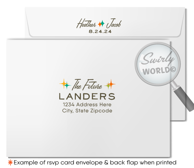 This elegant & swanky 1960s mid-century modern wedding invitation and RSVP card digital download features a chic MCM retro mod Palm Springs aesthetic with atomic-inspired colors and starbursts.