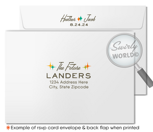 This elegant & swanky 1960s mid-century modern wedding invitation and RSVP card features a chic MCM retro mod Palm Springs Mad Men aesthetic with atomic-inspired colors & starbursts.