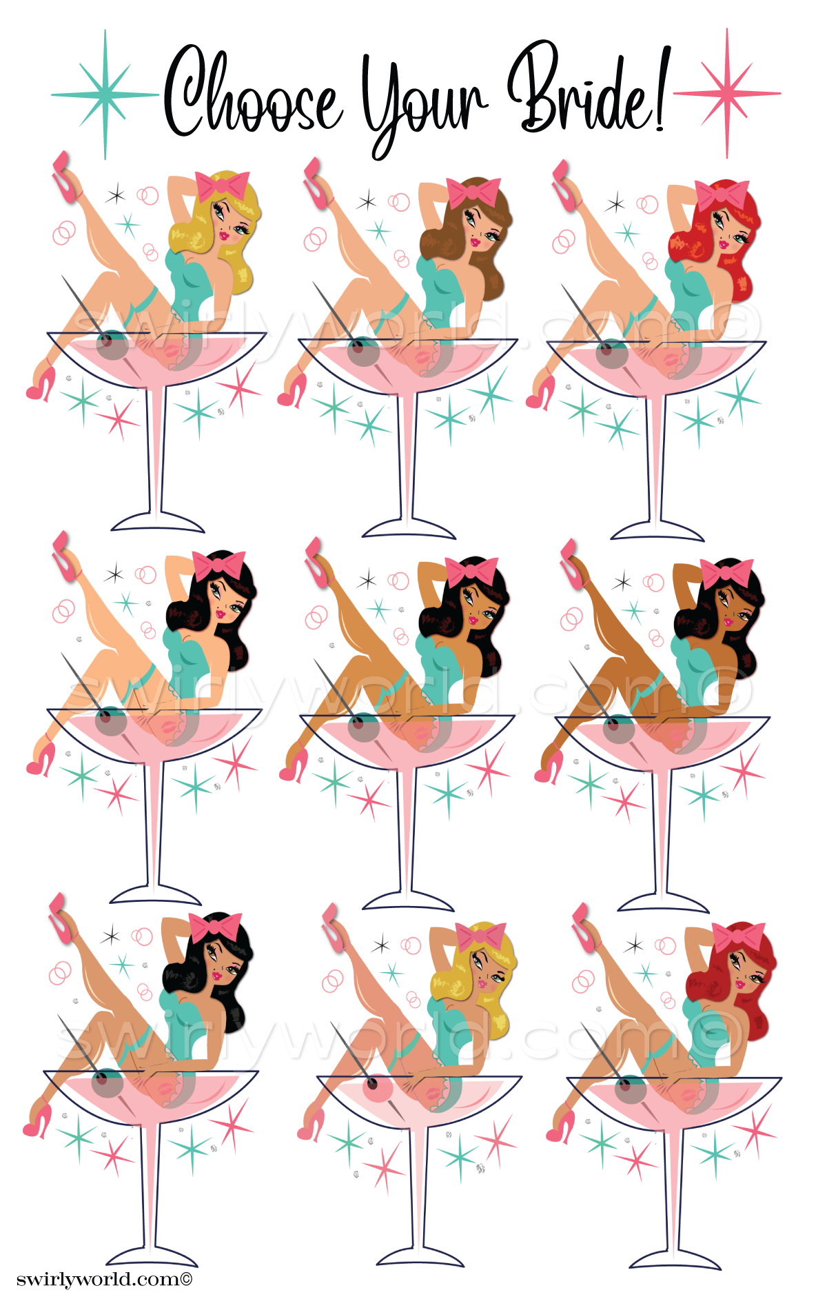 Aqua and Powder Pink Rockabilly Pin-up Girl Bachelorette Party Invitation Digital Download