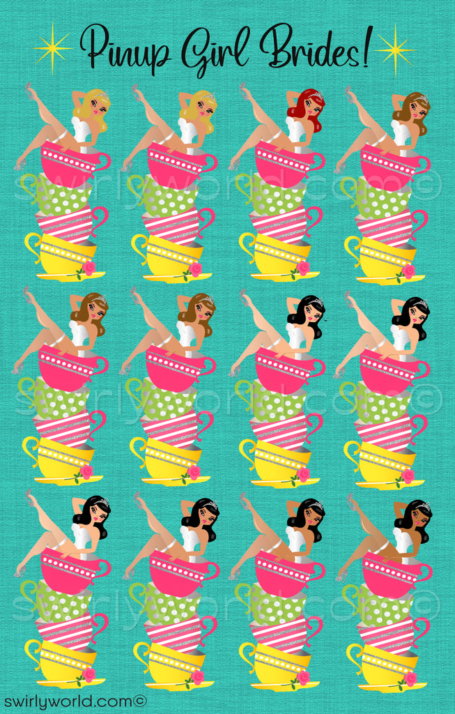 This swoon-worthy collection is a nod to the vibrant spirit of the 1950s, featuring a beguiling collection of pinup brides perched gracefully atop a stack of shabby chic vintage tea cups. Her pose is playful, with one leg pointed up, capturing the essence of mid-century modern pinup artistry.