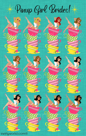 Step into a world where retro charm meets bridal elegance with our Tea Party Bridal Shower Brunch Invitation and Thank You Card invitation set. This swoon-worthy collection is a nod to the whimsical and vibrant spirit of the 1950s, featuring a beguiling pinup bride perched gracefully atop a stack of shabby chic vintage tea cups.