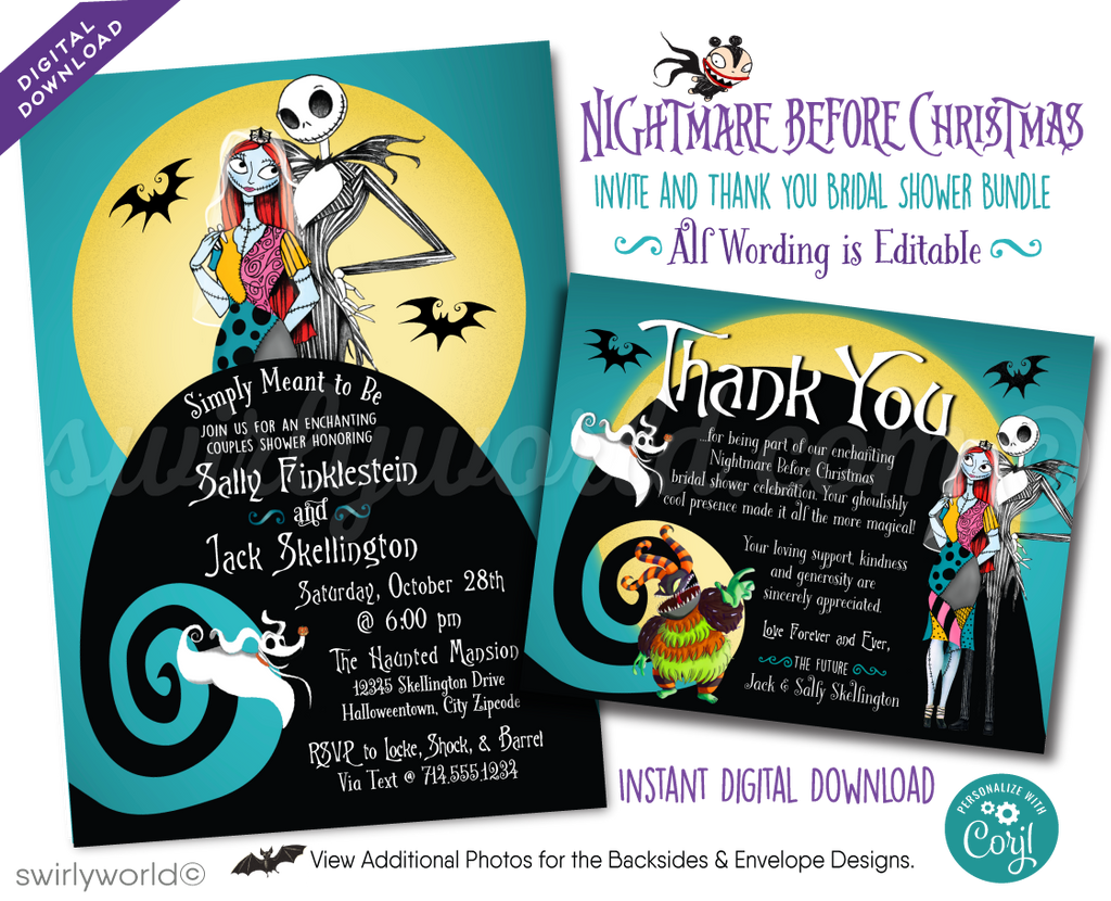 Nightmare Before Christmas Jack and Sally Couples' Bridal Shower Invitation and Thank You Card Digital Download