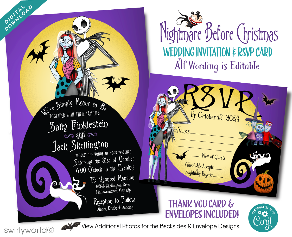Purple Jack & Sally Skellington NBC Nightmare Before Christmas Wedding Invite RSVP Card and envelope Digital Bundle