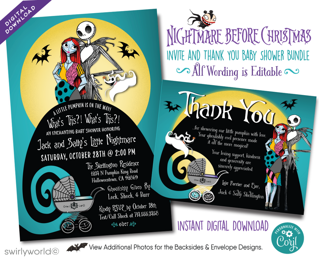 Nightmare Before Christmas NBC Jack & Sally Goth Halloween Baby Shower Digital Invitations and Thank You Cards