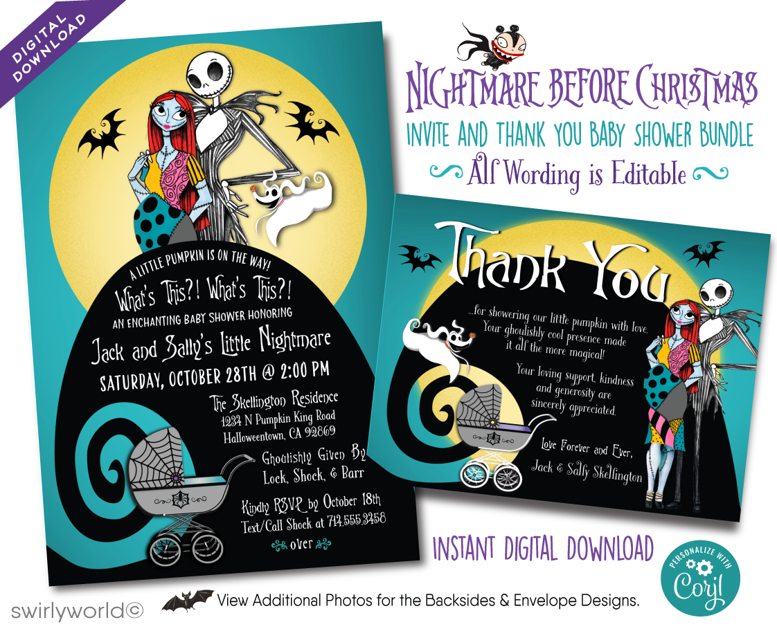Nightmare Before Christmas NBC Jack & Sally Goth Halloween Baby Shower Digital Invitations and Thank You Cards