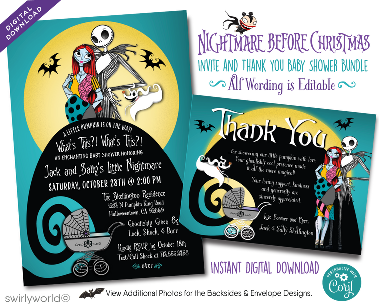 Nightmare Before Christmas NBC Jack & Sally Goth Halloween Baby Shower Digital Invitations and Thank You Cards