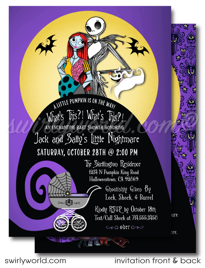 Halloween Jack and Sally Nightmare Before Christmas NBC Printed Goth Baby Shower Invites