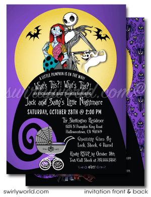Nightmare Before Christmas NBC characters Jack and Sally Skellington Couples Goth Baby Shower Invitation and matching Thank You Cards