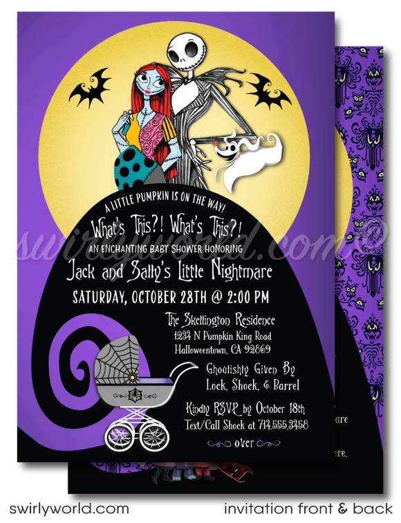 Nightmare Before Christmas NBC characters Jack and Sally Skellington Couples Goth Baby Shower Invitation and matching Thank You Cards