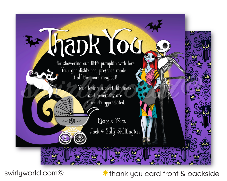 Nightmare Before Christmas NBC characters Jack and Sally Skellington Couples Goth Baby Shower Invitation and matching Thank You Cards and envelopes