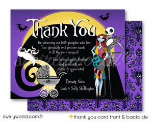 Nightmare Before Christmas NBC characters Jack and Sally Skellington Couples Goth Baby Shower Invitation and matching Thank You Cards and envelopes