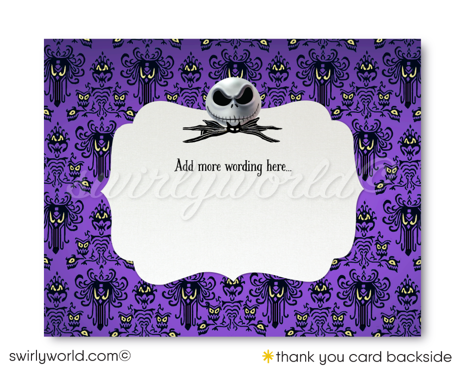 Nightmare Before Christmas NBC characters Jack and Sally Skellington Couples Goth Baby Shower Invitation and matching Thank You Cards