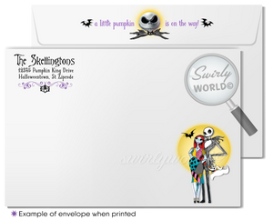 Nightmare Before Christmas NBC characters Jack and Sally Skellington Couples Goth Baby Shower Invitation and matching Thank You Card envelopes