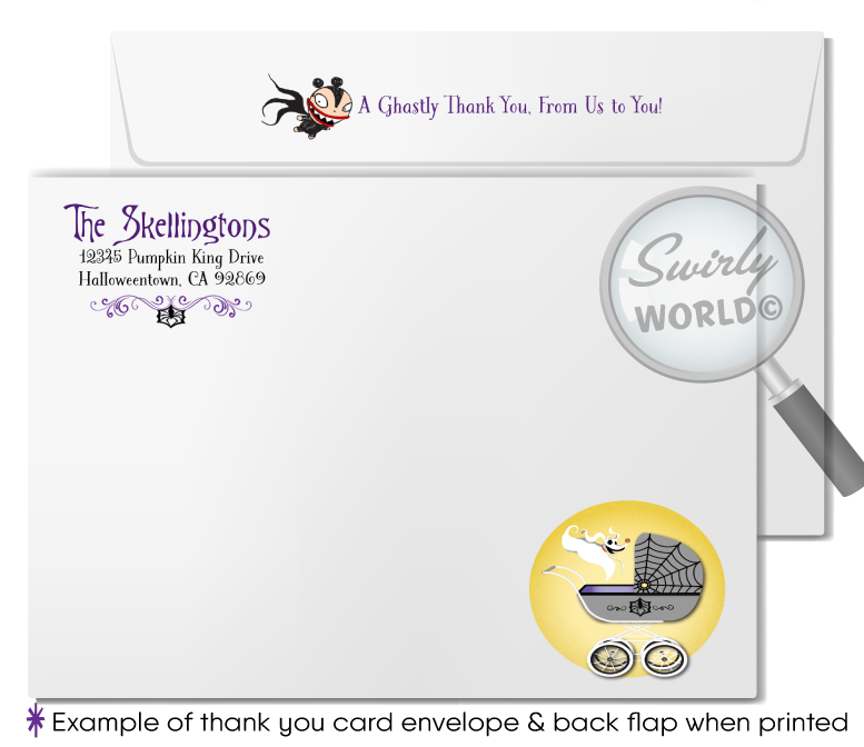 Nightmare Before Christmas NBC characters Jack and Sally Skellington Couples Goth Baby Shower Invitation and matching Thank You Card envelopes