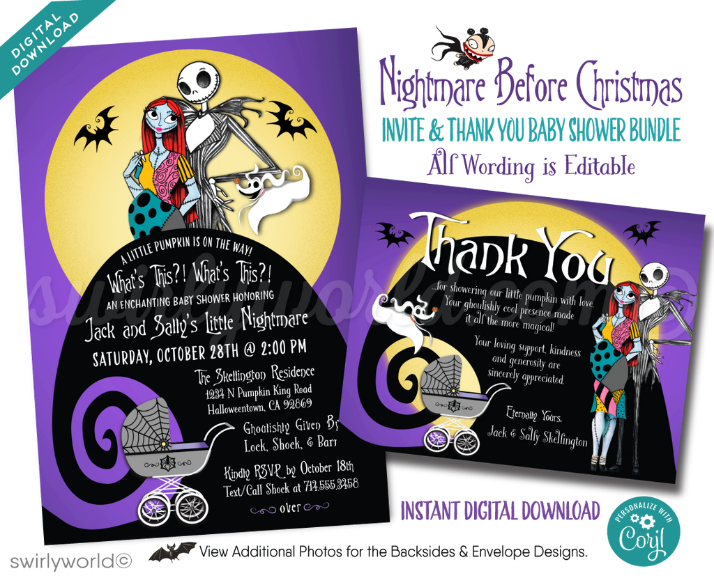 Nightmare Before Christmas NBC characters Jack and Sally Skellington Couples Goth Baby Shower Invitation and matching Thank You Cards