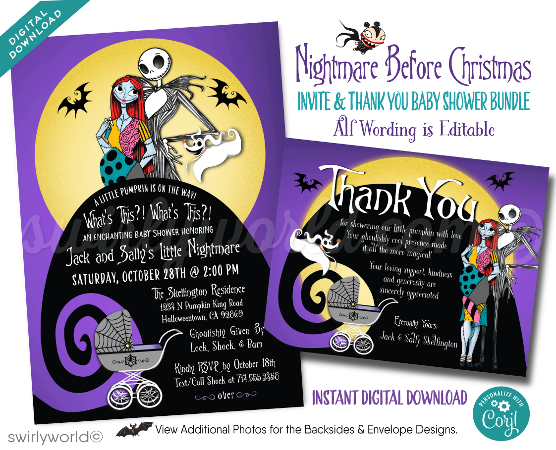 Nightmare Before Christmas NBC characters Jack and Sally Skellington Couples Goth Baby Shower Invitation and matching Thank You Cards