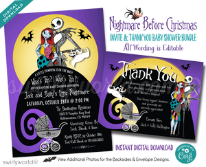 Nightmare Before Christmas NBC characters Jack and Sally Skellington Couples Goth Baby Shower Invitation and matching Thank You Cards