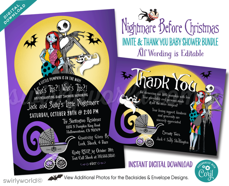 Nightmare Before Christmas NBC characters Jack and Sally Skellington Couples Goth Baby Shower Invitation and matching Thank You Cards