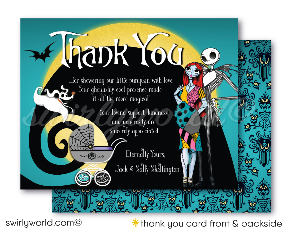 Halloween Goth Nightmare Before Christmas Jack & Sally Skellington NBC Baby Shower Thank You Cards Invitations