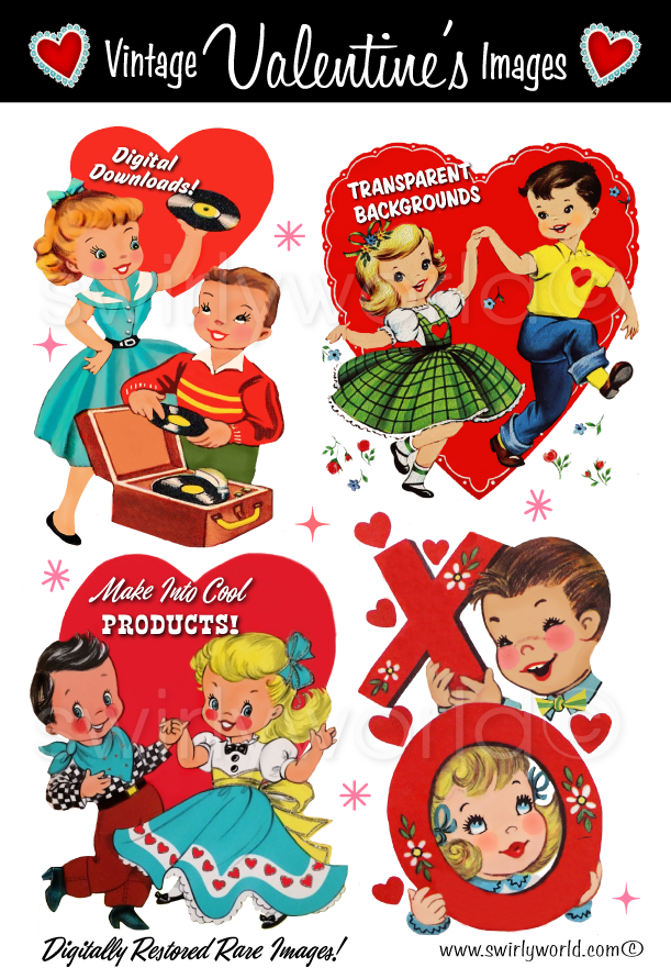 Rare collection of retro mid-century vintage Valentine's Day images featuring kitschy illustrations of cute couples with hearts and retro atomic starbursts.