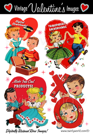 Rare collection of retro mid-century vintage Valentine's Day images featuring kitschy illustrations of cute couples with hearts and retro atomic starbursts.