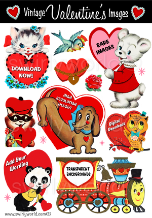 A very RARE and UNIQUE collection of 1950s-1960s mid-century vintage Valentine's Day images for digital download. Cute and kitschy retro very RARE Valentine illustrations that have been digitally restored.
