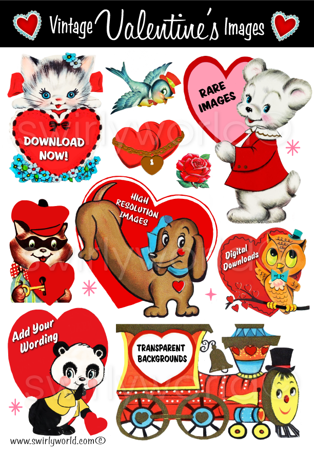 A very RARE and UNIQUE collection of 1950s-1960s mid-century vintage Valentine's Day images for digital download. Cute and kitschy retro very RARE Valentine illustrations that have been digitally restored.
