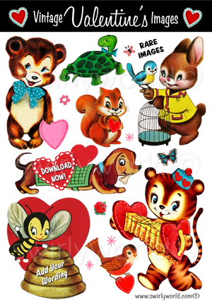 Collection of 1940s 1950s 1960s mid-century vintage Valentine's Day images for digital download. Cute and kitschy retro very RARE Valentine illustrations that have been digitally restored.