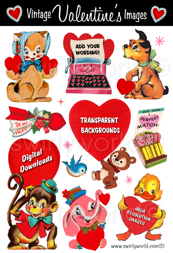 1950s-1960s mid-century vintage Red Heart Valentine's Day images for digital download. Cute and kitschy retro very RARE Valentine illustrations that have been digitally restored.