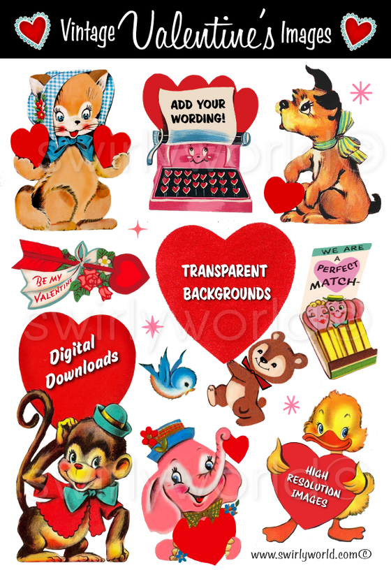 1950s-1960s mid-century vintage Red Heart Valentine's Day images for digital download. Cute and kitschy retro very RARE Valentine illustrations that have been digitally restored.