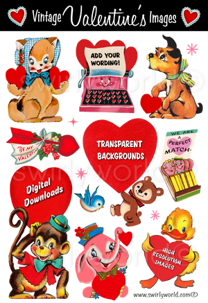 1950s-1960s mid-century vintage Red Heart Valentine's Day images for digital download. Cute and kitschy retro very RARE Valentine illustrations that have been digitally restored.